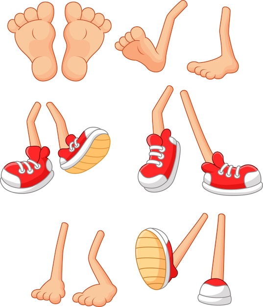 Vettore cartoon piedi a piedi su gambe di bastone in varie posizioni
