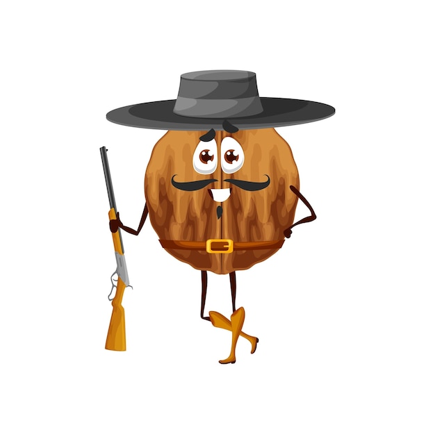 Cartoon walnut nut ranger or cowboy character