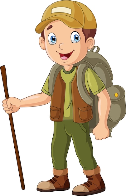 Cartoon wandelaar jongen met wandelstok