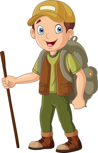 Vector cartoon wandelaar jongen met wandelstok