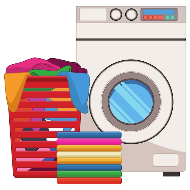 A cartoon of a washing machine with a stack of clothes