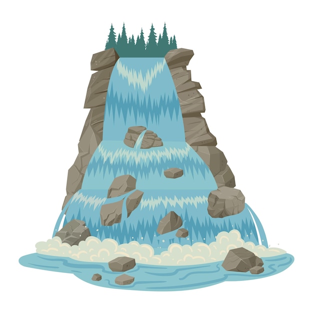 Vector cartoon water cascade streaming waterfall wild nature river waterfall landscape flat vector illustration mountain river waterfall