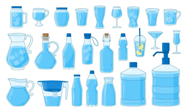 Cartoon water containers Plastic and glass water bottles mugs cups glasses jug jars and decanter with iced mineral water flat vector illustration set Transparent water containers collection