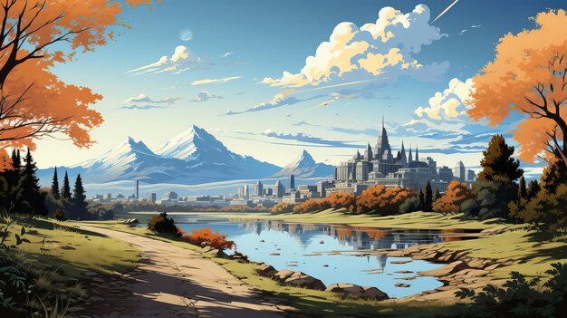 Cartoon watercolor city landscape scene vector illustration art scenery