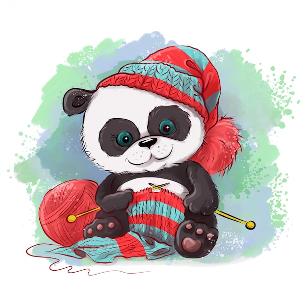 Cartoon watercolor panda knits a scarf.