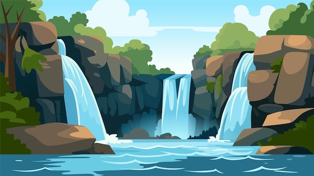 Vector cartoon waterfall landscape background card poster flat design nature scene adventure travel