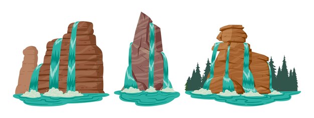 Cartoon waterfall set Streaming water cascades mountain river waterfall landscape flat vector illustration collection Wild nature waterfalls