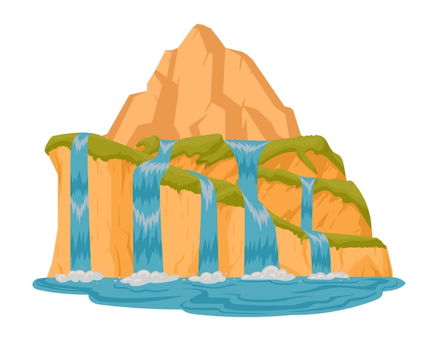 Cartoon waterfall Streaming river waterfall scenery wild nature water cascade flat vector illustration on white background