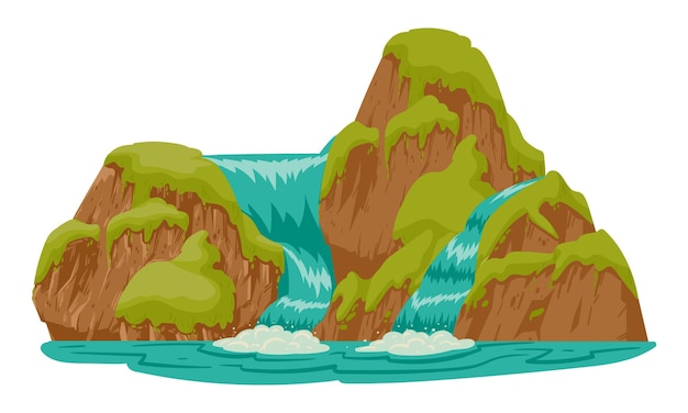 Cartoon waterfall Wild nature streaming water cascade river stream waterfall landscape with mountain rock Mountain waterfall flat vector illustration