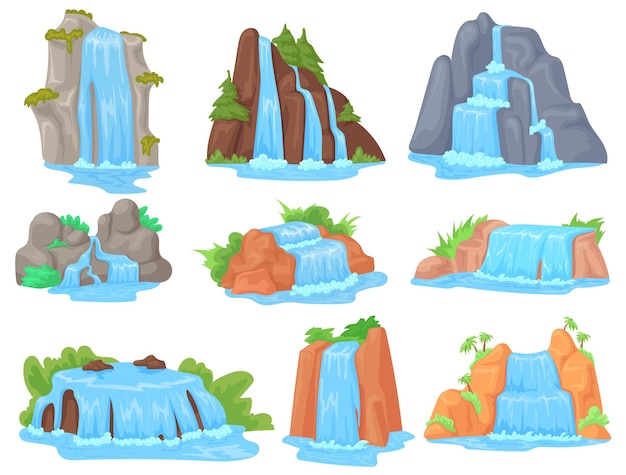 Cartoon waterfalls Natural scenic waterfall with water streams falls from cliff or mountain river cascade for travel tourist vacation in tropical jungle neat vector illustration