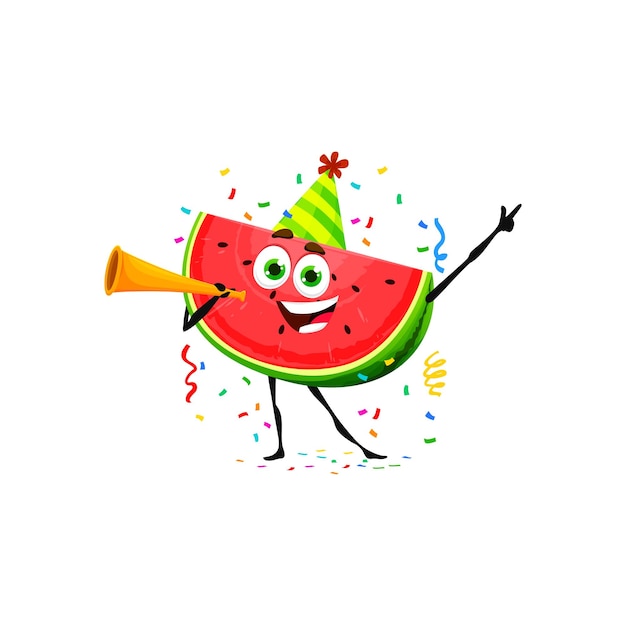 Vector cartoon watermelon character on birthday holiday children holiday celebration juicy food cute personage child birthday or kids party fruit isolated vector childish character or watermelon mascot