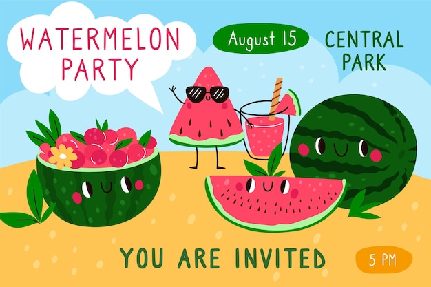 Vector cartoon watermelon character happy summer fruit friends group party invitation poster park holiday cute juicy berries drink whole and fresh melon pieces garish vector concept