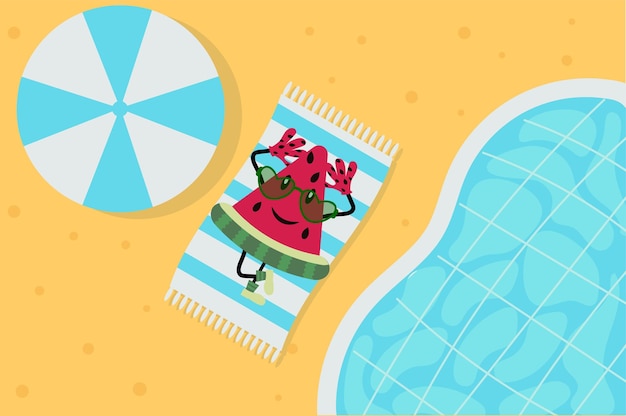 Cartoon watermelon character summer Happy juicy fruit on beach