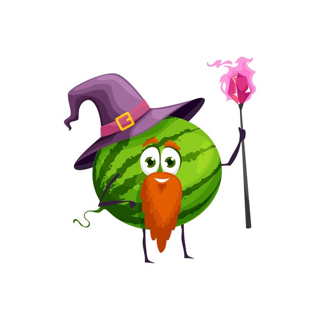 Vector cartoon watermelon fruit wizard magician character