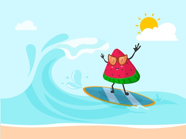 Cartoon watermelon slice wearing goggles on surfboard against river background