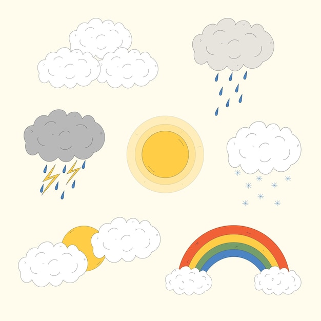 漫画の天気セット。太陽、雲、雨、雷、雪。ベクトル図