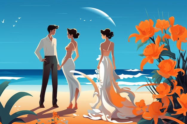 Vector cartoon wedding of couple on the beach