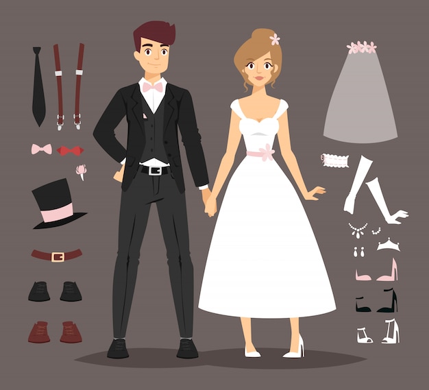 Cartoon wedding couple and elements vector illustration