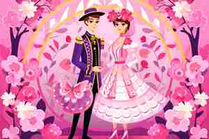 Vector cartoon wedding couple in traditional costumes