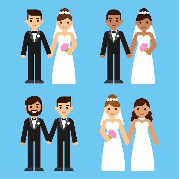 Vector cartoon wedding couples set