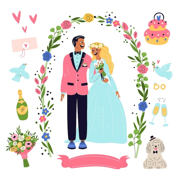 Vector cartoon wedding elements romantic couple characters in ceremonial outfits marriage celebration objects or accessories flower bouquets festive cake engagement rings garish vector set