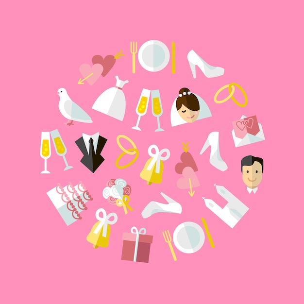 Vector cartoon wedding symbols round design template ad concept ceremony marriage element flat design style vector illustration of celebration icon