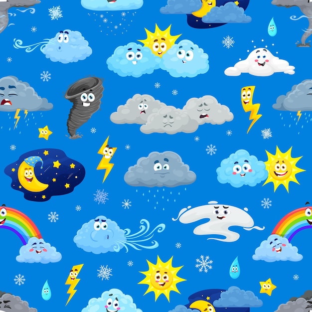 Vector cartoon weer karakters naadloos patroon inpakpapier print behang of textiel vector naadloze achtergrond stof patroon met regenwolk zon bliksem regenboog en tornado wind whirlpool