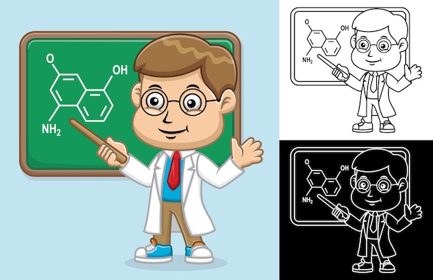 Cartoon wetenschapper jongen in laboratoriumjas met schoolbord in de klas