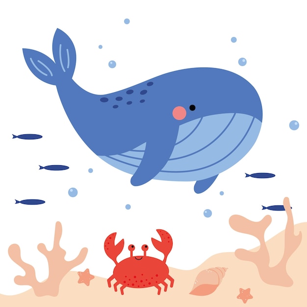 A cartoon whale and crab are swimming under the sea.