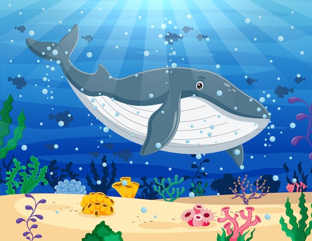 Cartoon whale swimming in the ocean Vector illustration