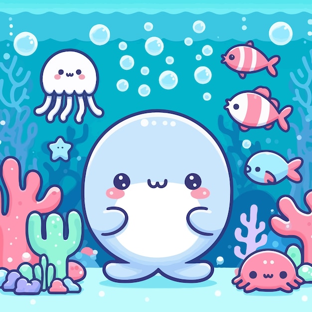 a cartoon whale with a pink nose and a blue background with sea creatures and a sea turtle