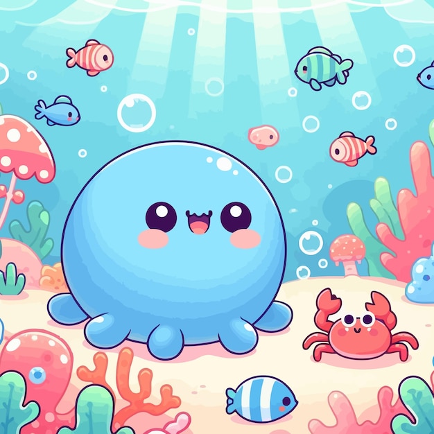 a cartoon whale with a pink nose and a blue background with sea creatures and a sea turtle