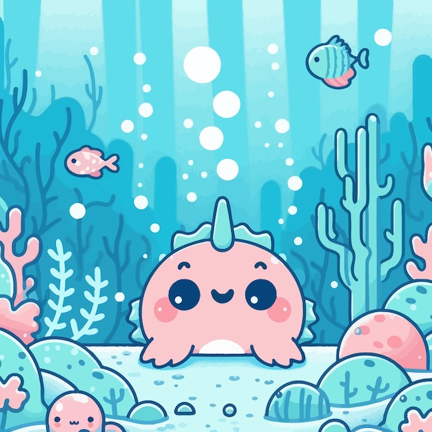 a cartoon whale with a pink nose and a blue background with sea creatures and a sea turtle