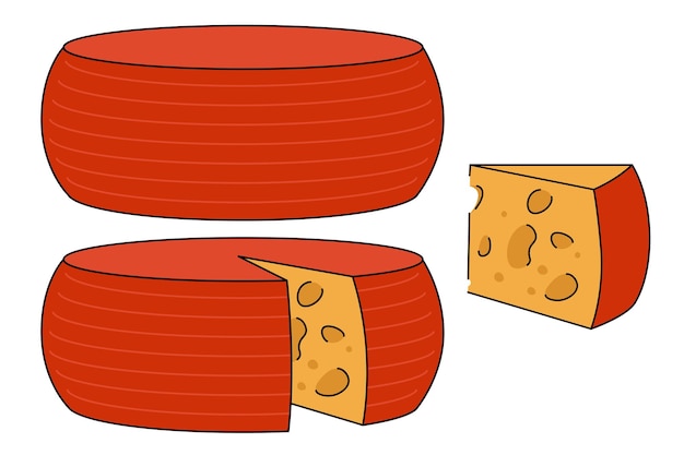 Ruota di formaggio a cartone animato con corteccia cerosa rossa un pezzo triangolare tagliato da una ruota di formaggi rotonda