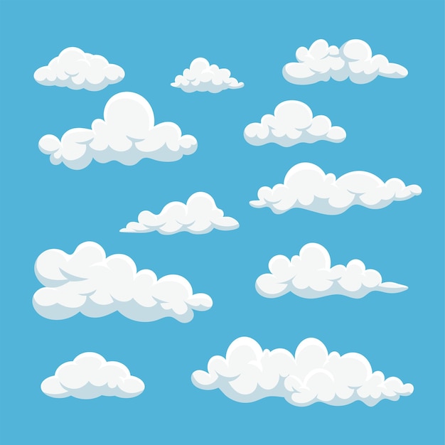 青い背景プレミアムベクトルに分離された漫画の白い雲のアイコンを設定します。
