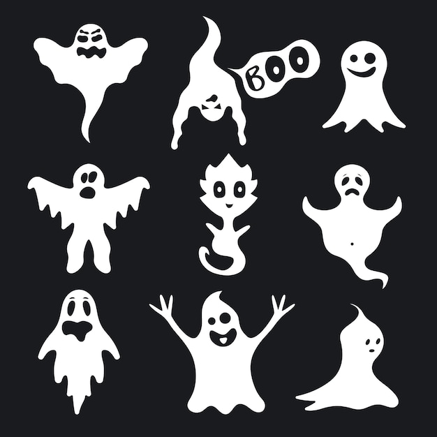 Personaggi dei cartoni animati di fantasmi bianchi impostati su un elemento di concetto di espressione nera stile design piatto illustrazione vettoriale di ghost