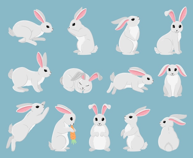 Premium Vector | Cartoon white rabbit cute spring bunny animals easter holiday sleeping jumping and sitting white bunny vector illustration set white spring hare traditional furry character isolated on blue Premium Vector | Cartoon white rabbit cute spring bunny animals easter holiday sleeping jumping and sitting white bunny vector illustration set white spring hare traditional furry character isolated on blue