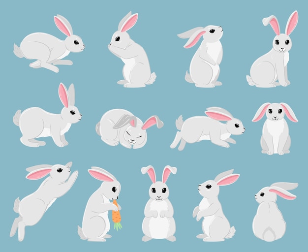 Vector cartoon white rabbit cute spring bunny animals easter holiday sleeping jumping and sitting white bunny vector illustration set white spring hare traditional furry character isolated on blue