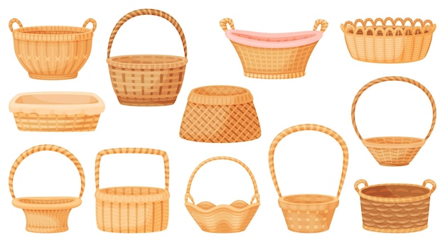 Cartoon wicker baskets picnic basket empty gift hamper Handmade rattan or bamboo woven storage container rural interior decor vector set