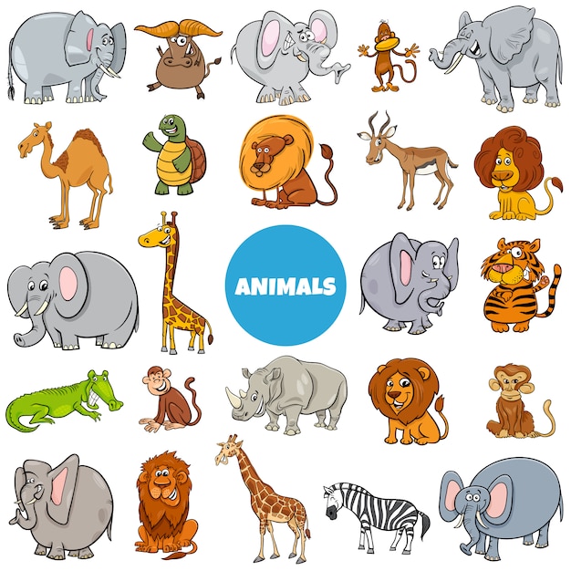 Cartoon wild animal characters large set
