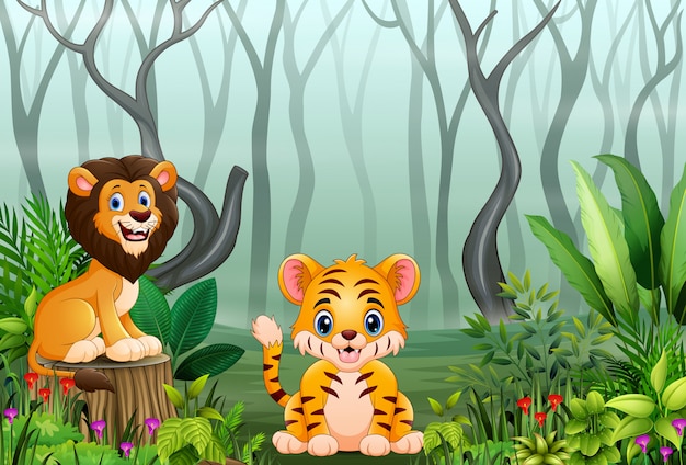 Cartoon wild animal in the forest with dry tree branches