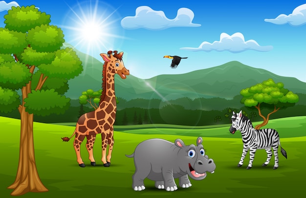 Cartoon wild animal in the jungle with a mountain background