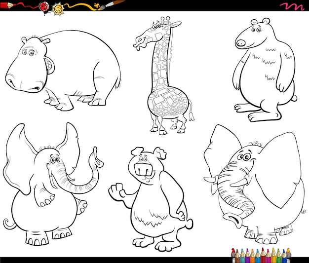 Vector cartoon wild animals characters set coloring book page