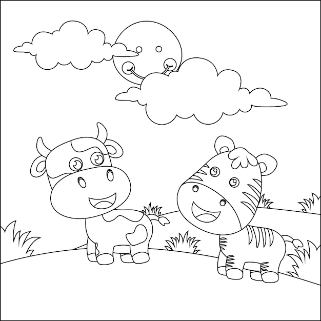 Cartoon wild animals concept cute cow and zebra in the jungle colouring book or page