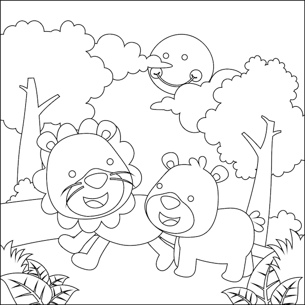 漫画の野生動物のコンセプトかわいいライオンとクマのジャングルの塗り絵またはページ