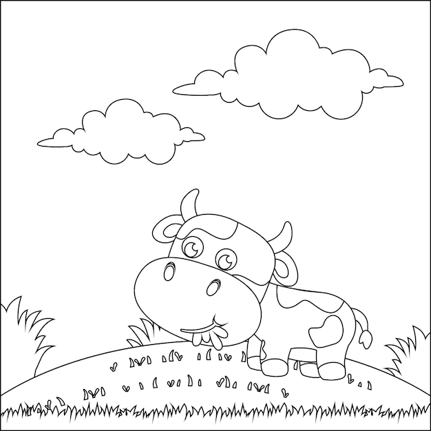 Cartoon wild animals concept cute little cow in the jungle colouring book or page