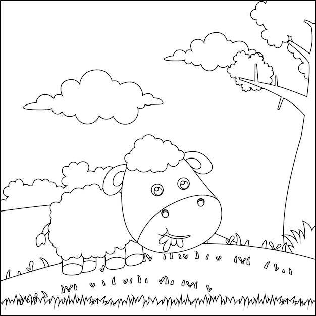 Cartoon wild animals concept cute sheep in the jungle Can be used for tshirt printing coloring book