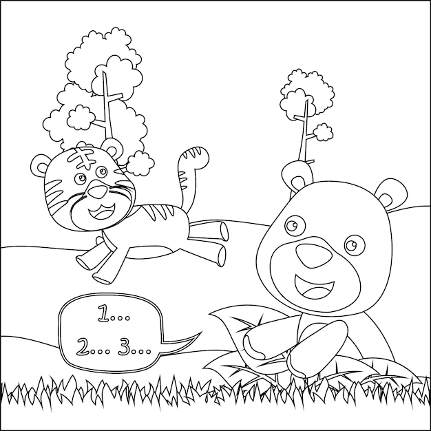 Cartoon wild animals concept cute tiger and bear in the jungle colouring book or page