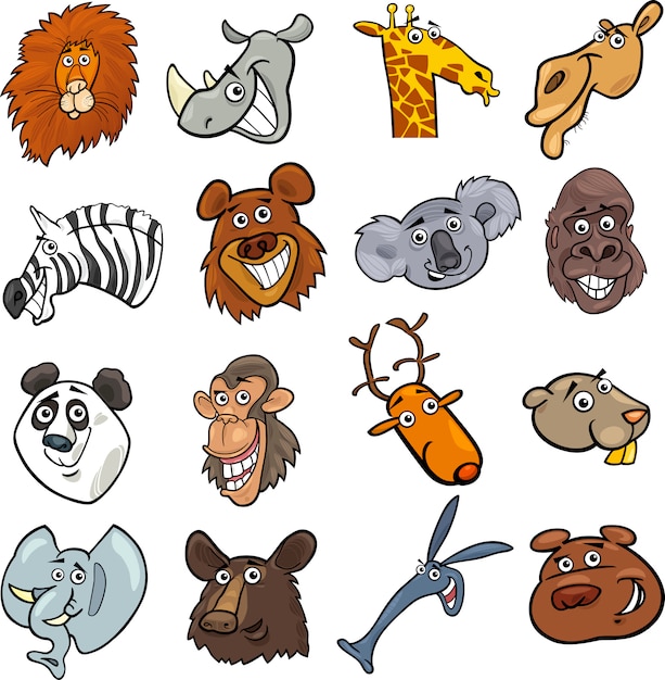 Cartoon wild animals heads set