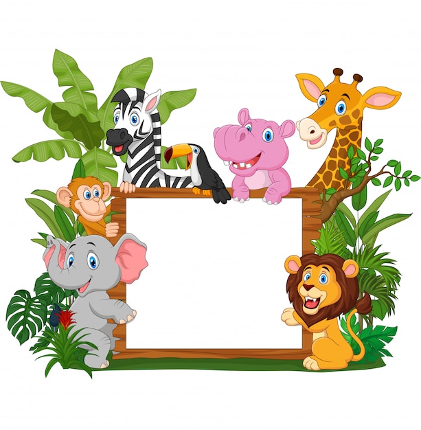 Vector cartoon wild animals holding blank board